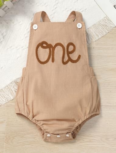 IMEKIS Baby Girls Boys Boho 1st Birthday Outfit Backless Overalls Romper for Cake Smash Photo Shoot - color: Khaki + Brown One, size: 9-12 Months