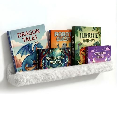 1PC Plush Bookshelf for Kids, Soft Hanging Book Display Shelf for Nursery Wall, Easy Mount Floating Bookshelf Display Organizer, Unique (White) - color: 24in-furry White