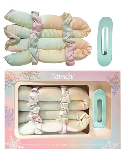 Kitsch Holiday Hair Hero XL Satin Heatless Styling & Flat Lay Claw - Heatless Curls & Waves, Extra Large Curling Rods, Satin Scrunchies & Claw Clip for Hair Protection, Gifts for Women- 4pc set, Aura - color: Aura