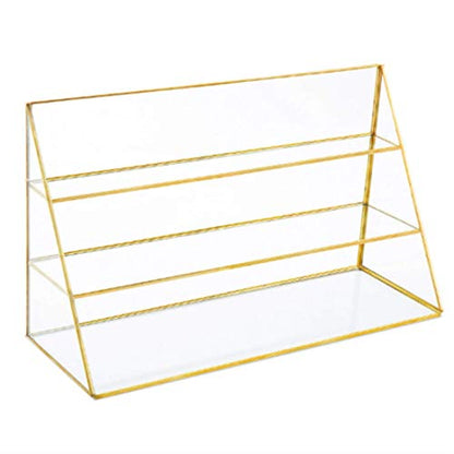 Yamfurvo 3-Tier Glass Triangular Prism Shaped Home or Retail Display Showcases, Jewelry Display Stands with Vintage Style Brass Tone Metal Frame (Large)
