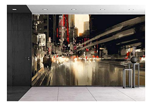 wall26 - City Street Digital Painting.Illustration - Removable Wall Mural | Self-Adhesive Large Wallpaper - 66x96 inches - color: Artwork - 06, size: 66"x96"