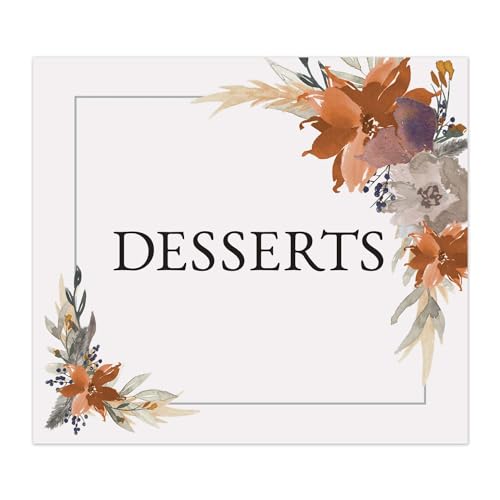 Indie Autumn Floral Desserts Sign / 8" x 9" Trendy Wedding Event Sign/Boho Fall Feather Table Top Dessert Event/Sweets And Treats Table Plaque/Made In The USA - color: Indie Autumn Floral, style: Desserts