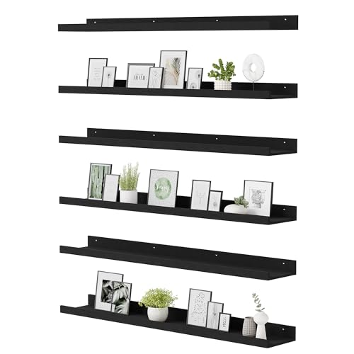 upsimples Floating Shelves for Wall, 47.3 Inch Shelves for Decor Storage Set of 6, Wall Mounted Wood Shelf for Bedroom, Living Room, Bathroom, Kitchen, Long Picture Ledge Shelves, Black - color: Black, size: 47.3in
