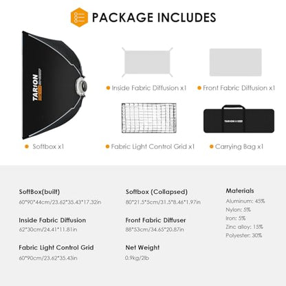 TARION 23.6"x35.4" Quick Release Strip Softbox - Foldable Bowens Mount Softbox with Diffusers/Honeycomb Grid/Carrying Bag for Live Streaming, Photography, Videography (SQ-6090F) - size: 23.6x35.4 in (60x90cm)
