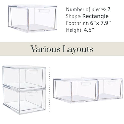 STORi Audrey Stackable Clear Bin Plastic Organizer Drawers | 2 Piece Set | Organize Cosmetics and Beauty Supplies on a Vanity | Made in USA - size: 4.5" Tall Set