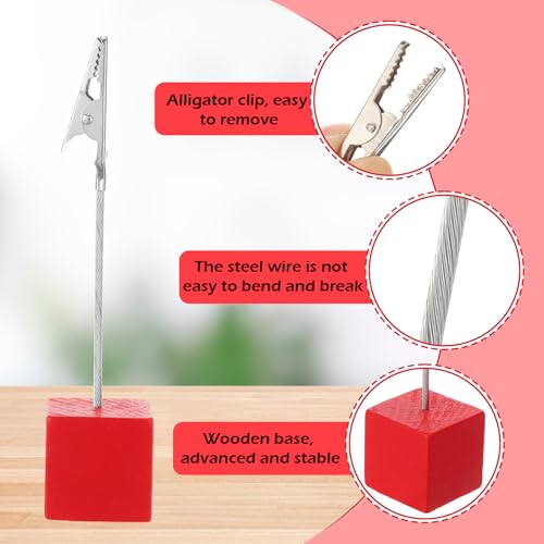 Gersoniel 20 Pcs Cube Base Memo Clip Holder with Alligator Clip Wood Table Number Holder Cube Base Place Card Stand Mini Photo Menu Stand for Displaying Number Card (Red) - color: Red