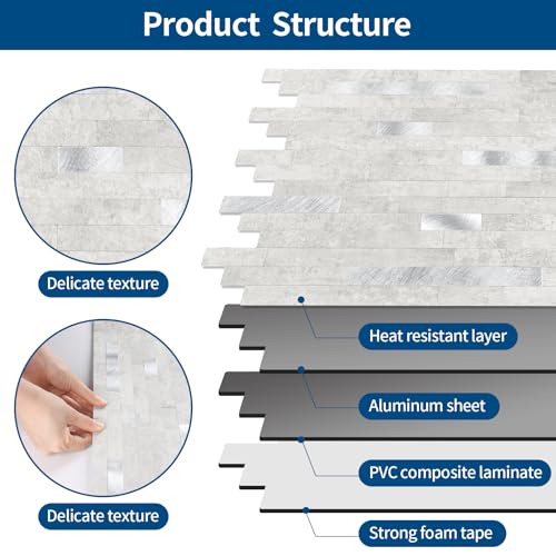 10 - Sheet Peel and Stick Backsplash Wall Tile, PVC Kitchen Backsplash, Stick on Tiles for Backsplash Kitchen (12'' X 12'', White Gray) - color: White/Gray