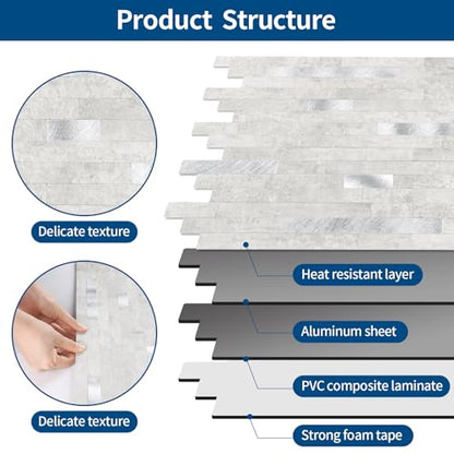 10 - Sheet Peel and Stick Backsplash Wall Tile, PVC Kitchen Backsplash, Stick on Tiles for Backsplash Kitchen (12'' X 12'', White Gray) - color: White/Gray