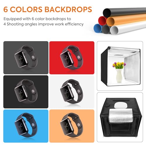 Bi-Color LED Photo Light Box 16x16 inch, 168 Dimmable LEDs Product Photography Lighting Tent with High CRI>98, 6 Colors Backdrops for Jewelry/Artwork/Small Objects Tabletop Studio