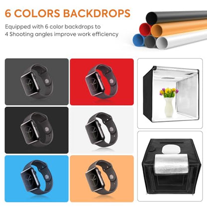 Bi-Color LED Photo Light Box 16x16 inch, 168 Dimmable LEDs Product Photography Lighting Tent with High CRI>98, 6 Colors Backdrops for Jewelry/Artwork/Small Objects Tabletop Studio