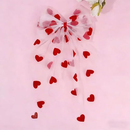 White Bow Lace Veil with Red Heart Cherry Headband Double Layer Hair Clip with Long Ribbon Short Hair Decorations Valentine's Wedding Hair Accessory Party Supplies Gifts Photo Props for Women