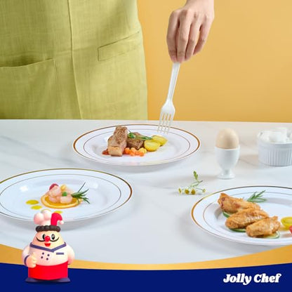 JOLLY CHEF 100 Pieces Gold Plastic Plates, 10 Inch Elegant Disposable Dinner White with Gold Rim, Disposable Plastic Plates for Christmas, Birthdays and Weddings - style: Gold-100