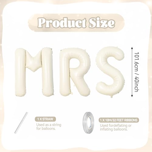 Biapian 40 Inch MRS Letter Balloons, Big Cream MRS Foil Balloons, 3 Pcs Giant Foil Large Aluminum Balloon Helium for Wedding Bride to Be Anniversary Couple Sweetheart Hen Party Decoration (Cream) - color: Cream Letter-mrs