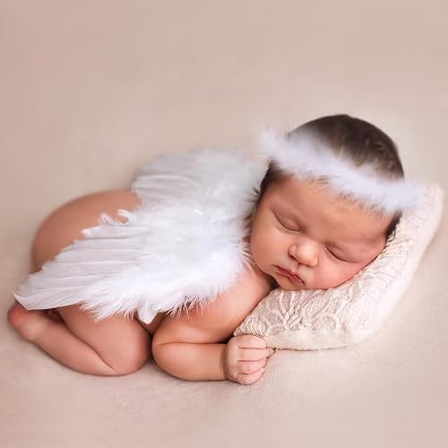 Holibeat 0-6M Newborn Baby Angel Wings with Feathers Newborn Photography Posing Props with a Headband (white1) - color: white1