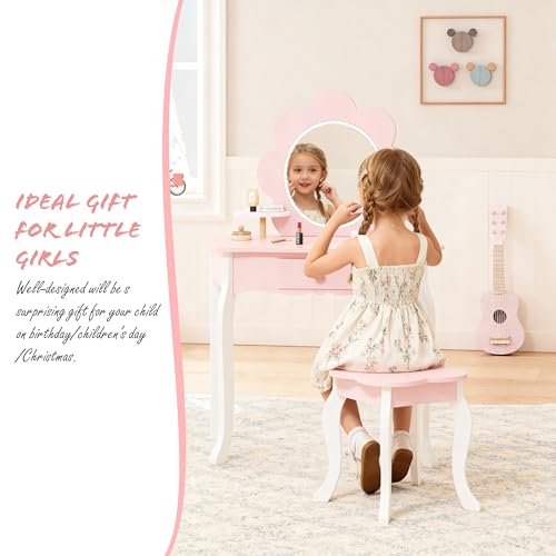 Spirich Kids Vanity, Girls Vanity Set with Mirror and Stool and Lights, Kids Vanity Table and Chair Set, Wooden Princess Makeup Desk Dressing Table (Flower Shape with LED Strip) - size: Flower Shape with LED Strip