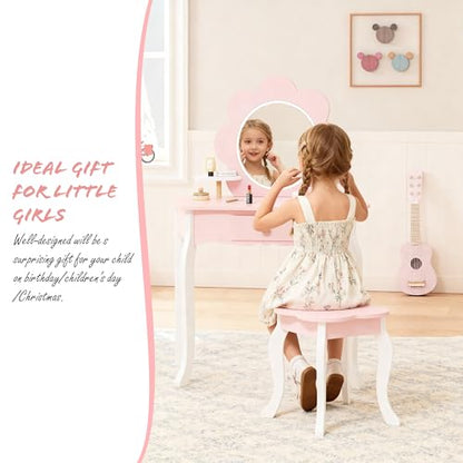 Spirich Kids Vanity, Girls Vanity Set with Mirror and Stool and Lights, Kids Vanity Table and Chair Set, Wooden Princess Makeup Desk Dressing Table (Flower Shape with LED Strip) - size: Flower Shape with LED Strip
