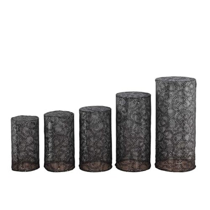 Efavormart Set of 5 Black Sequin Mesh Cylinder Display Box Stand Covers with Leaf Vine Embroidery, Sparkly Sheer Tulle Pedestal Pillar Prop Covers - color: Black, size: Sequin Mesh Cylinder Covers - Leaf Pattern