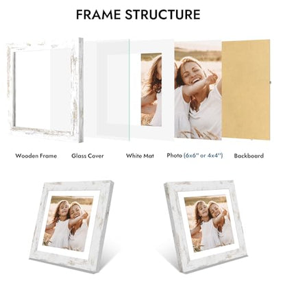 Hongkee 6x6 Picture Frame with Glass, Display Pictures 4x4 with Mat or 6 x 6 without Mat - Wall and Tabletop, 6 by 6 Photo Wooden Frames (Distressed White, 1 Pack) - color: Distressed White, size: 6X6 in