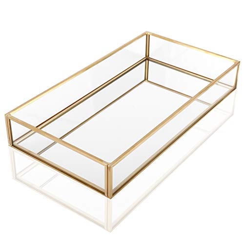 HighFree Rectangle Gold Mirror Tray, Decorative Glass Mirrored Vanity Tray for Perfume, Cosmetics, Makeup, Trinket, Jewelry (10.2X 5.5x1.6) - size: 10.2" x 5.5" x 1.6"