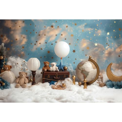 YongFoto Travel Adventure Theme Backdrop 5x3ft Cute Clouds Sky Stars Bear Globe Photography Background Adventure Awaits Baby Shower Girl Boy 1st 2nd Birthday Party Banner Kids Portraits Photoshoot - color: Style 3, size: 5ftx3ft