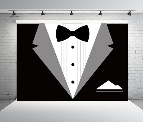 BELECO 9x6ft Fabric Gentleman Tuxedo Backdrop Black and White Bow Tie Suit Background Luxury Birthday Dinner Party Decor Banner Boy Men Father Bridegroom Photoshoot Studio Booth Props - size: 9x6FT