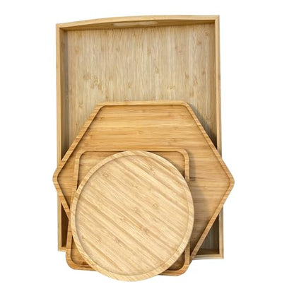 Bamboo Serving Trays Cutting Boards 16.5"x11.8"（42x30cm with Handle, Set Includes 0.63"(1.6cm) Thick Plates Hexagon 12.5"(32cm)+Square 7.8"(20cm)+Circle 7.8"(20cm) for Family Dinner Time - color: 0.63"(1.6cm) Thick 1xhexagon 12.5"(32cm)+1xsquare 7.8"(20cm