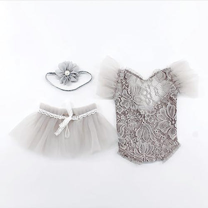 Baby Photography Props Outfit Lace Rompers Newborn Girl Photo Shoot Outfits Flower Headband Princess Costume - color: Grey B