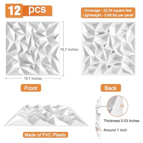 TroyStudio Acoustic Sound Diffuser Panels, 19.7 X 19.7 X 1 inches 12 Pcs White PVC Plastic 3D Wall Panel, Recording Studio Acoustical Treatment Diffusion panel, Art Decorative Ceiling Tiles - color: Clutter, White
