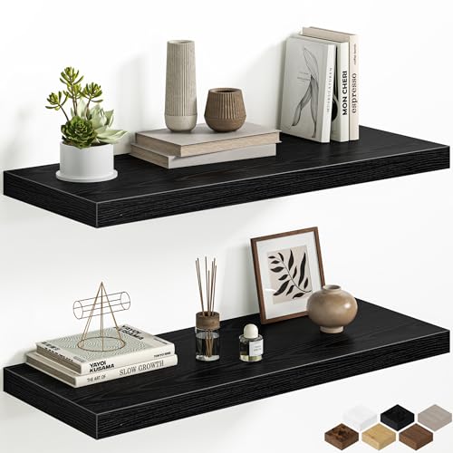 Fun Memories Black Floating Shelves - 2 Pack 30 Inch Long Rustic Wooden Wall Shelves - 12 Inch Deep Wall Mounted Storage Shelf with Invisible Heavy-Duty Brackets for Books, Bathroom, Kitchen - color: Black, size: 30 Inch, Set of 2