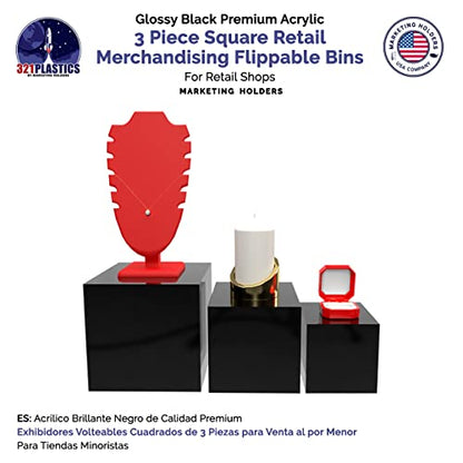 2 Pack Acrylic Display Riser Boxes 3 Piece No Lid Black Retail Product Riser 4", 5", 6" High Multi Level One Open Side Merchandise Storage Box POP Showcase by Marketing Holders - size: Set of 3 Black