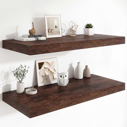 Heimlove 12" Deep Floating Shelves, 36 x 12 Inch Wall Mounted Long Floating Shelf with Invisible Brackets, for Home Decor, Bedroom, Kitchen, Living Room, Bathroom - 2 Pack, Rustic Brown - color: Rustic Brown, size: 36"W x 12"D x 2"H, Set of 2