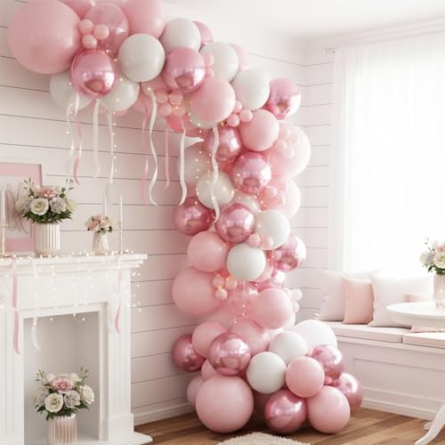 Pink Balloons Set, 12 Inch Metallic Light Baby Pink and White Balloon, Pearlpink Ivory Latex Balloons for Girls Women Birthday Baby Shower Wedding Valentine Bachelorette Easter Christmas Party Decor - color: Pink