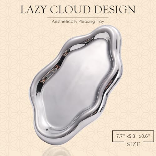 CCINPPY Ceramic Jewelry Tray Trinket Dish, Decorative Cloud Vanity Key Tray for Women, Ring Holder Dish, Cute Jewelry Plate Bowl Room Decor Aesthetic, Silver, Medium - color: Silver, size: 7.7" x 5.3" x 0.6"