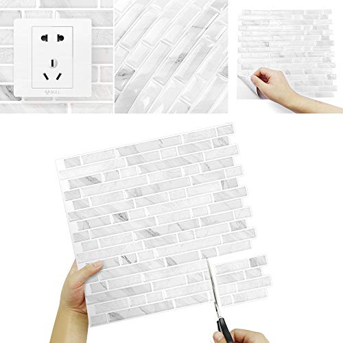 Yipscazo 10-Sheets Peel and Stick Backsplash for Kitchen Slate White Stick on Backsplash for Bathroom Self-Adhesive Wall Tiles for RV, Laundry Room(12"X12") - color: Slate White