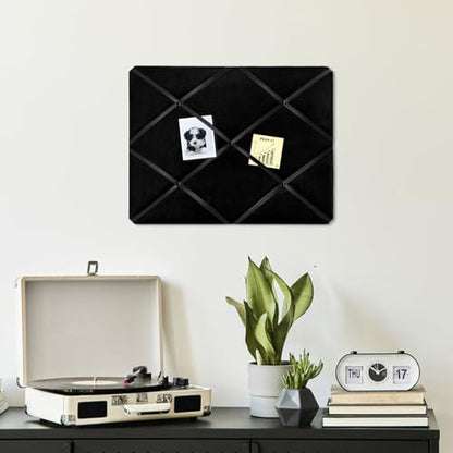 Black Fabric Memo Bulletin Board, 23.6x17.7 inches Velvet Pin Board for Wall, Vision Board Message Board Cork Board with Criss-Cross Ribbons for Home Office School Wall Decor(BK Velvet,4560) - size: 23.6"x17.7"