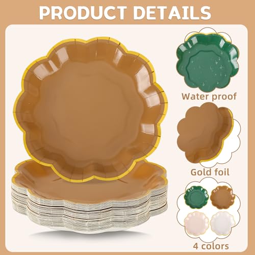 AimFun 48Pcs Woodland Scalloped Party Plates 7 Inch Sage Green Brown Disposable Dessert Plates Gold Foil Border Paper Plates for Birthday Baby Shower Wedding Forest Themed Party Supplies - color: Sage Brown