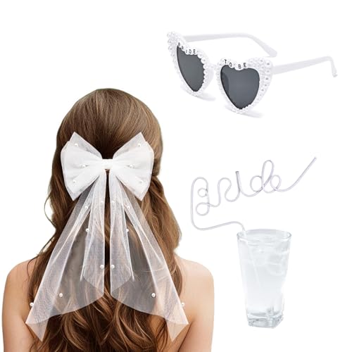 Bachelorette Party Veil - Edgy Embroidered Bow Headpiece, Bride Sunglasses and Straw | 2-Layer Pearl Veil, Bridal Shower Photo Booth Must-Have, Dare Game Props, Bride to Be Survival Kit