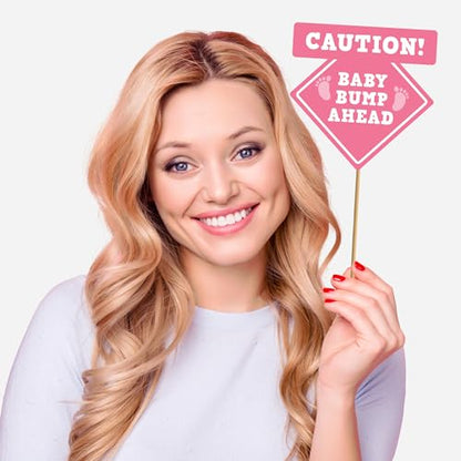 Fully Assembled Baby Shower Photo Booth Props - Set of 30 - Girl Baby Shower Selfie Signs - Pink Party Supplies & Decorations - with Real Gold Glitter - Did We Mention No DIY