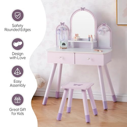 ROBUD Kids Vanity Table and Chair Set, Girls Vanity Set with Mirror, Pretend Play Kids Vanity, Makeup Dressing Table with Drawer and Accessories, Age 3+ (Purple) - color: Purple