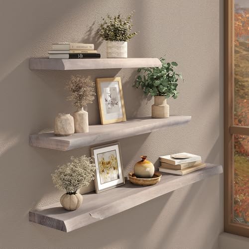 Live Edge Floating Shelves Set of 2, 36 Inch Solid Elm Wood Wall Shelves - Invisible Bracket Mount for Living Room, Bedroom, Kitchen, Bathroom | Weathered Gray - color: Driftwood Gray, size: 36"L, 2-Pack