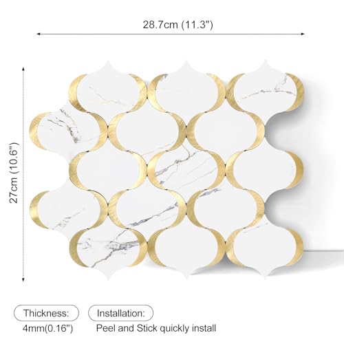 10 Sheet Glossy Arabesque Peel and Stick Backsplash Tile, Stick on Backsplash for Kitchen and Bathroom Wall, Calacatta Gold Marble PVC Mixed Metal Aluminum - color: Calacatta Gold Marble Mixed Metal Gold