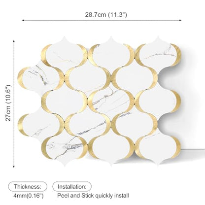 10 Sheet Glossy Arabesque Peel and Stick Backsplash Tile, Stick on Backsplash for Kitchen and Bathroom Wall, Calacatta Gold Marble PVC Mixed Metal Aluminum - color: Calacatta Gold Marble Mixed Metal Gold