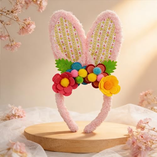3 Pack Luxurious Easter Bunny Ears Headband Cute Plush Rabbit Ears for Kids Adult Cosplay Birthday Party Supplies - color: 3pcs Headband With Flowers-4