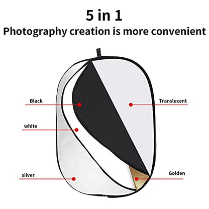Godox 40"x60"/100x150cm Collapsible Photography Light Reflector, 5-in-1 Oval Multi Disc Diffuser with Carrying Bag - Gold, Silver, Black, White, Translucent for Studio Outdoor Lighting - size: 40"x60"/100x150cm