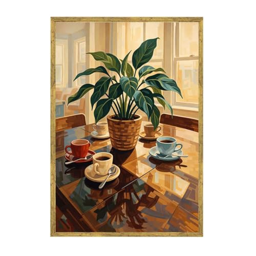 Framed Coffee Cups and Houseplant Canvas Print Modern Minimalist Aesthetic Wall Art Poster Painting Pictures Wall Decor for Living Room Home Decor Office Decoration (24L x36W,Gold Framed) - size: 24l"x36w"