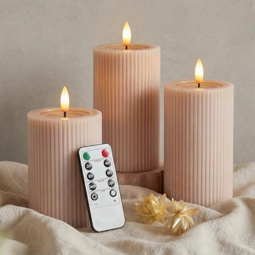 Fluted Ribbed LED Pillar Candles, Blush Beige, with Realistic Reflective Melted-Wax Effect – Flickering Flame, Remote, Dimmable, Flameless, Battery Operated, Home & Wedding Decor (Set of 3) - color: Blush Beige