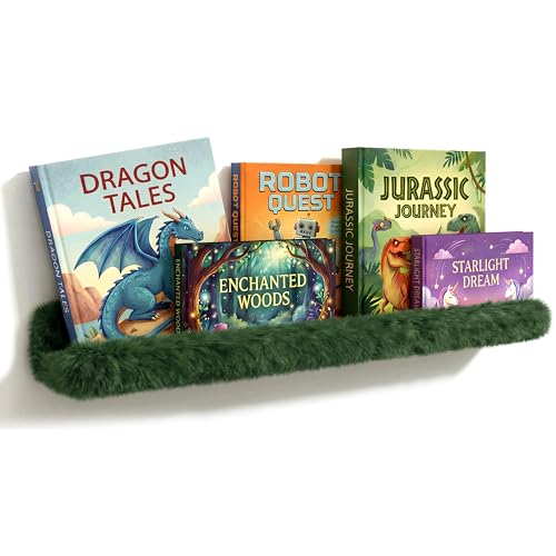 1PC Plush Bookshelf for Kids, Soft Hanging Book Display Shelf for Nursery Wall, Easy Mount Floating Bookshelf Display Organizer, Unique (Green) - color: 24in-furry Green
