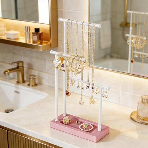 SRIWATANA Jewelry Organizer Stand, Extra Tall Necklace Holder Jewelry Holder, Gift Idea (Pink & White) - color: Pink & White