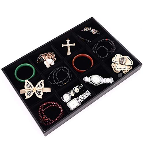 Black Velvet Stackable 12 Grid Jewelry Tray for Women Gemstone Pendant,Diamond,Showcase Display Organizer Holder Storage Modern Box Case Pad Stackers for Valet Closet,Decorate Vanity Table - color: Black 12 Grid