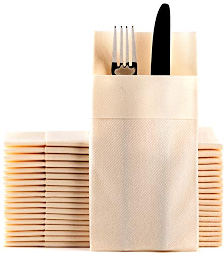 Moyes Home Ivory Disposable Dinner Napkins with Pocket - Linen-Feel Pre-Folded Cloth-Like Paper Napkins for Silverware, Weddings, Dinner Parties, 16x16 in, Pack of 50 - color: Ivory